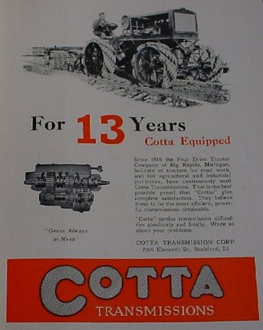 1929 Cotta transmission ad featuring Four Drive tractor