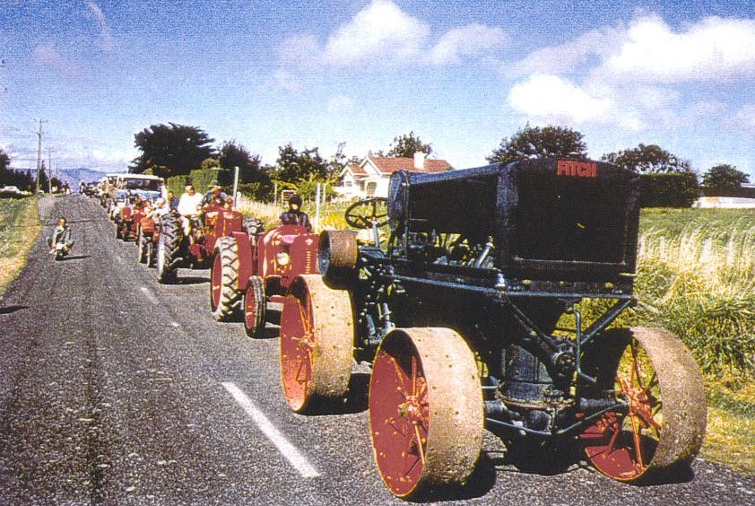 Jim Spall's Fitch tractor in a tractor parade in New Zealand.
